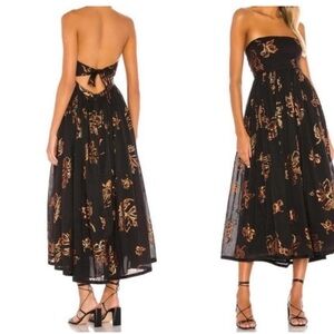 Free People Black strapless midi dress with gold floral detail